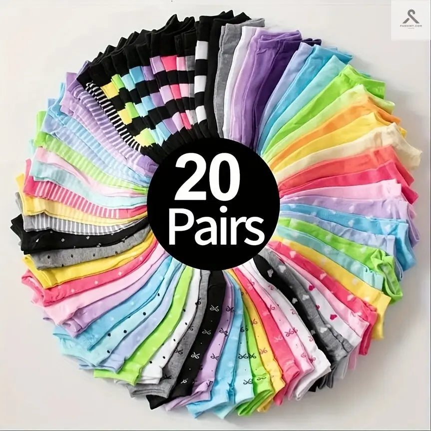 جوارب كاحل ملونة على شكل قلوب وخطوط للنساء 20 زوج Fashint