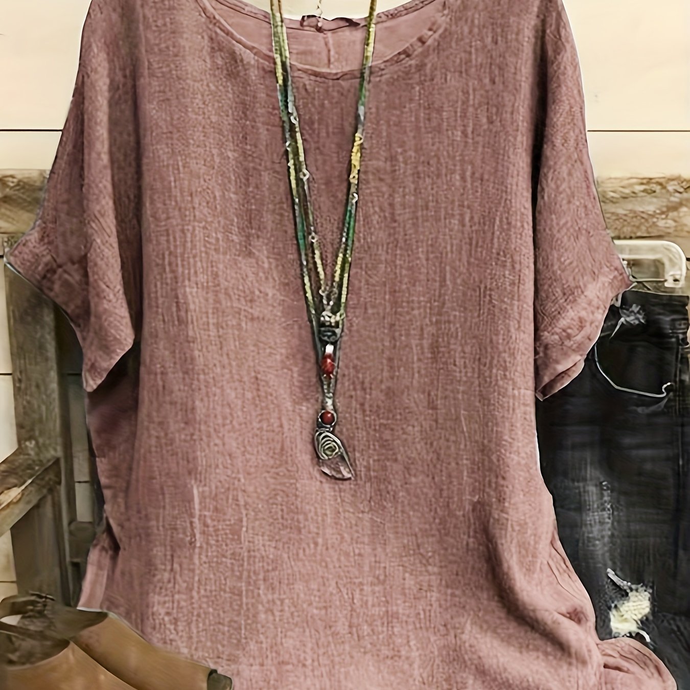 بلوزة نسائية قصيرة الأكمام بأحجام كبيرة باللون الوردي - مثالية لموسم الربيع والصيف والخريف Fashint