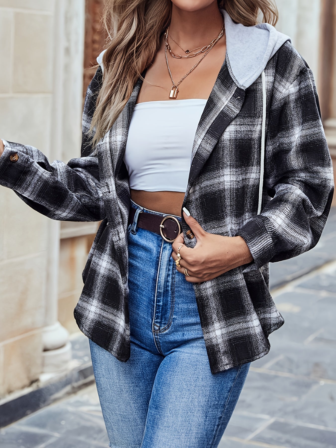 قميص نسائي كاجوال بتصميم مربعات مع غطاء رأس Fashint