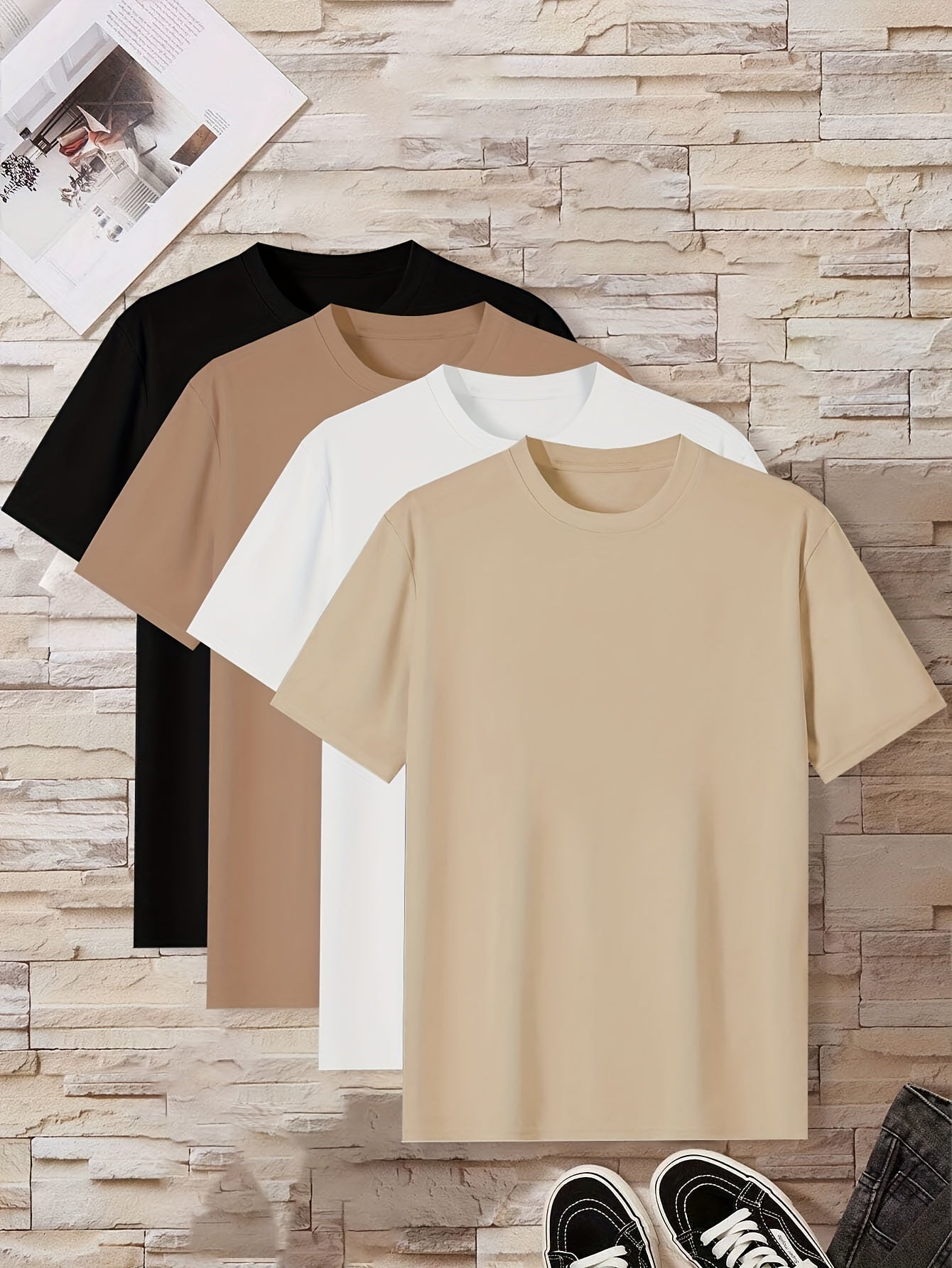 طقم تي شيرتات رجالية مريحة بألوان صلبة مكون من 4 قطع Fashint