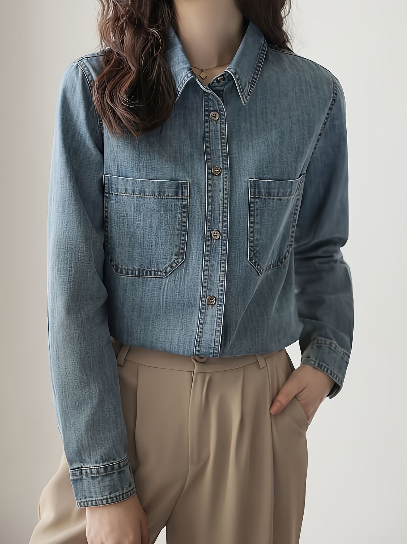 قمصان ديميم زرقاء نسائية بأكمام طويلة Fashint