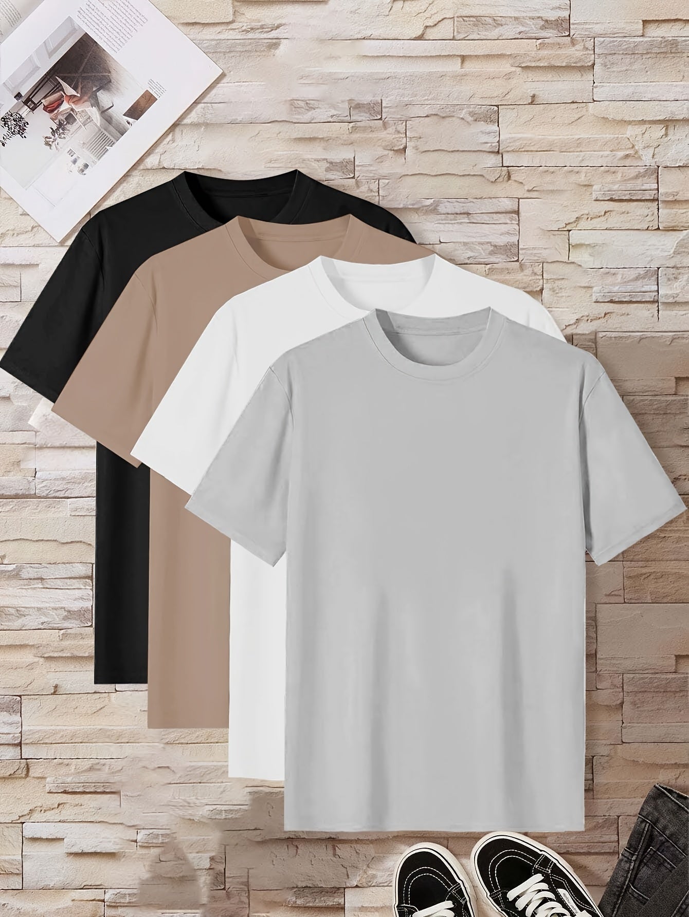 طقم تي شيرتات رجالية مريحة بألوان صلبة مكون من 4 قطع Fashint