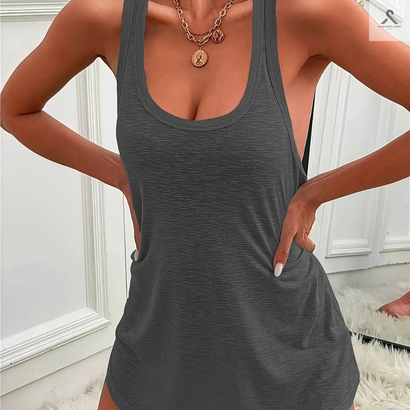 فستان سليم بدون أكمام لصيف وربيع Fashint