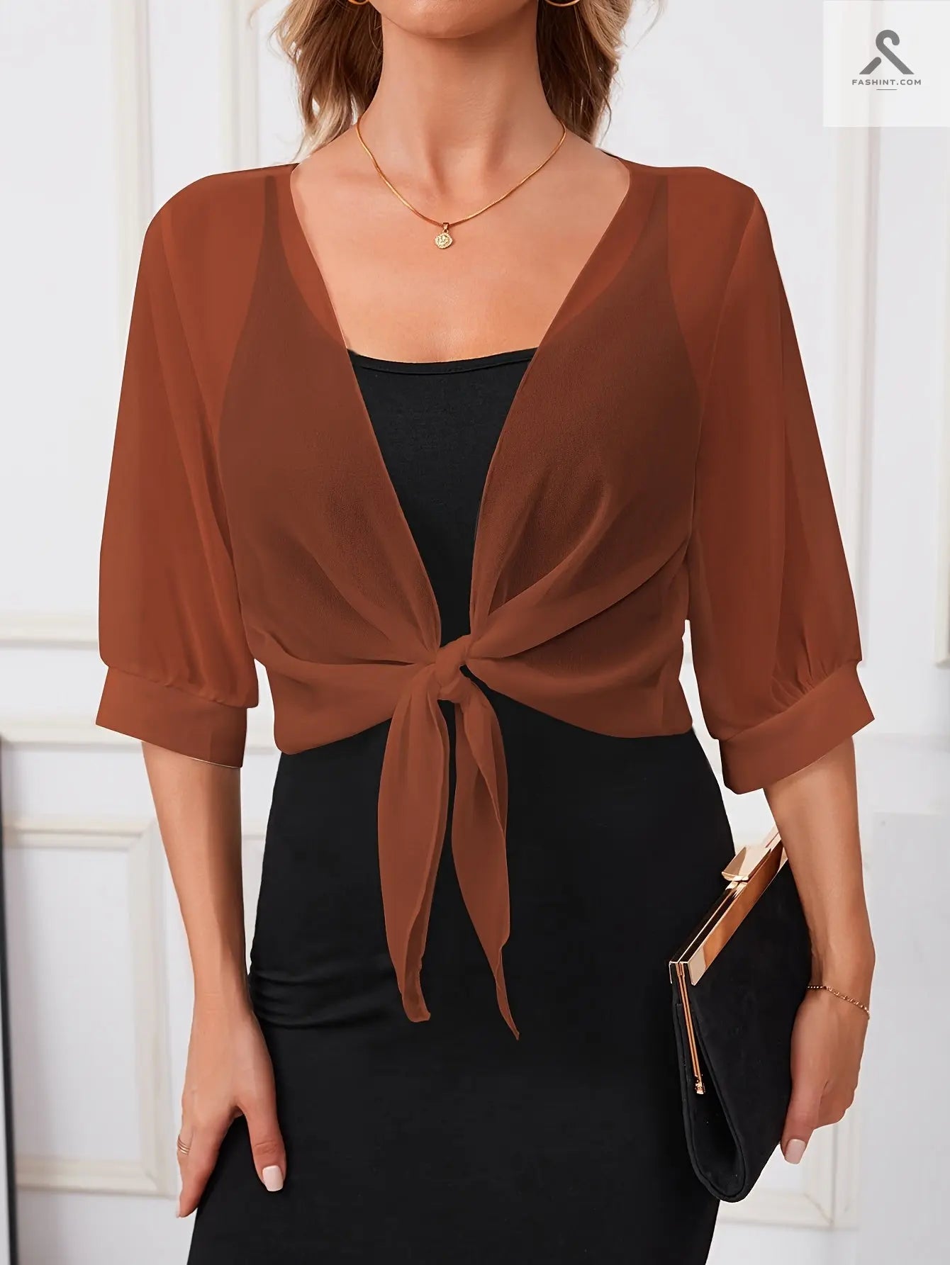 اختاري رداء شال بوليستر شفاف أنيق مع تفاصيل ربط أمامية Fashint