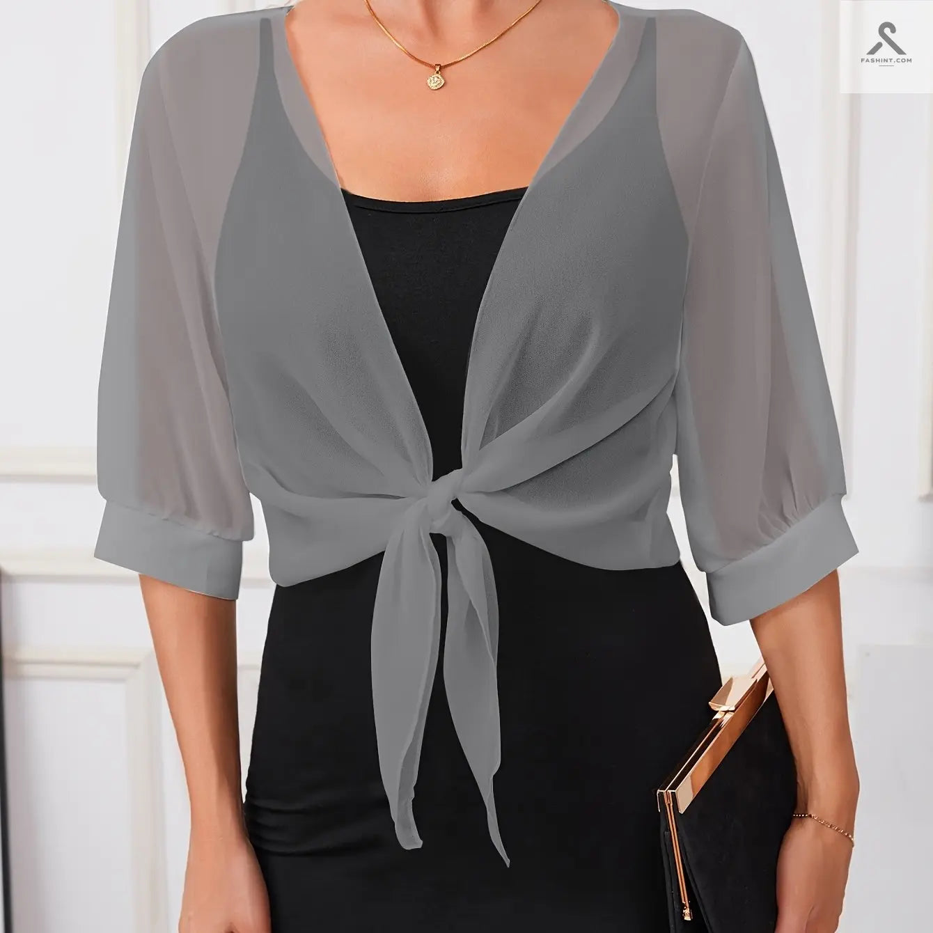 اختاري رداء شال بوليستر شفاف أنيق مع تفاصيل ربط أمامية Fashint