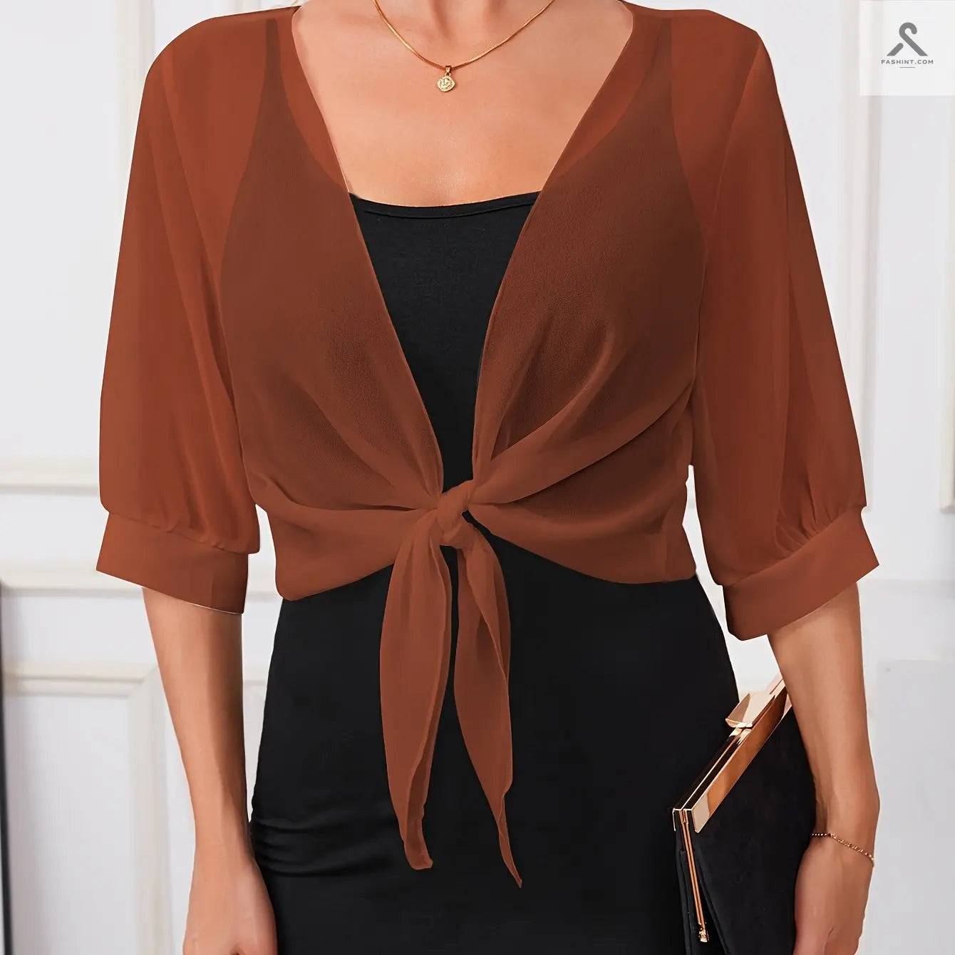 اختاري رداء شال بوليستر شفاف أنيق مع تفاصيل ربط أمامية Fashint