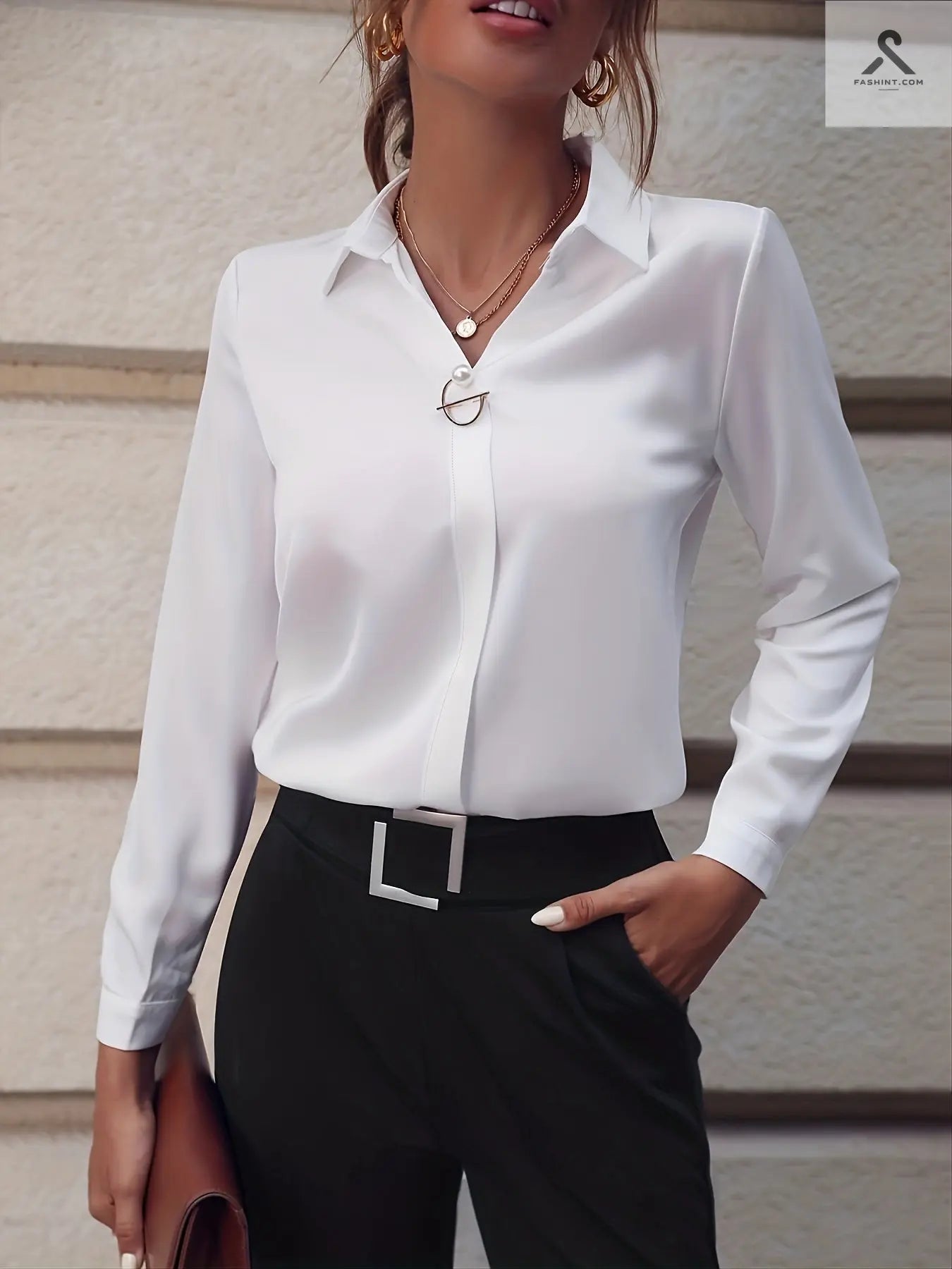 بلوزة أنيقة بأكمام طويلة بأزرار لؤلؤية - تناسب جميع الأوقات Fashint
