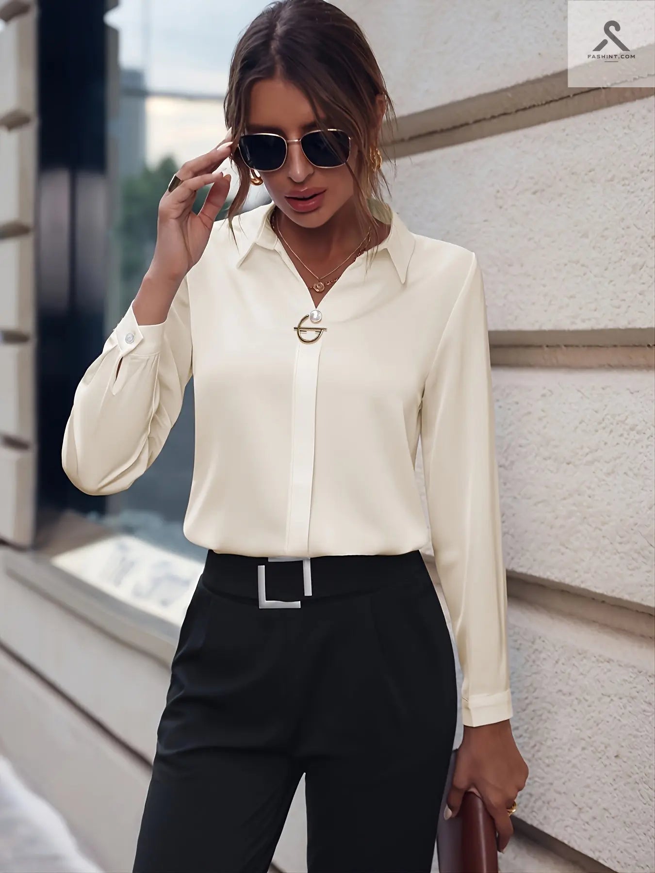 بلوزة أنيقة بأكمام طويلة بأزرار لؤلؤية - تناسب جميع الأوقات Fashint