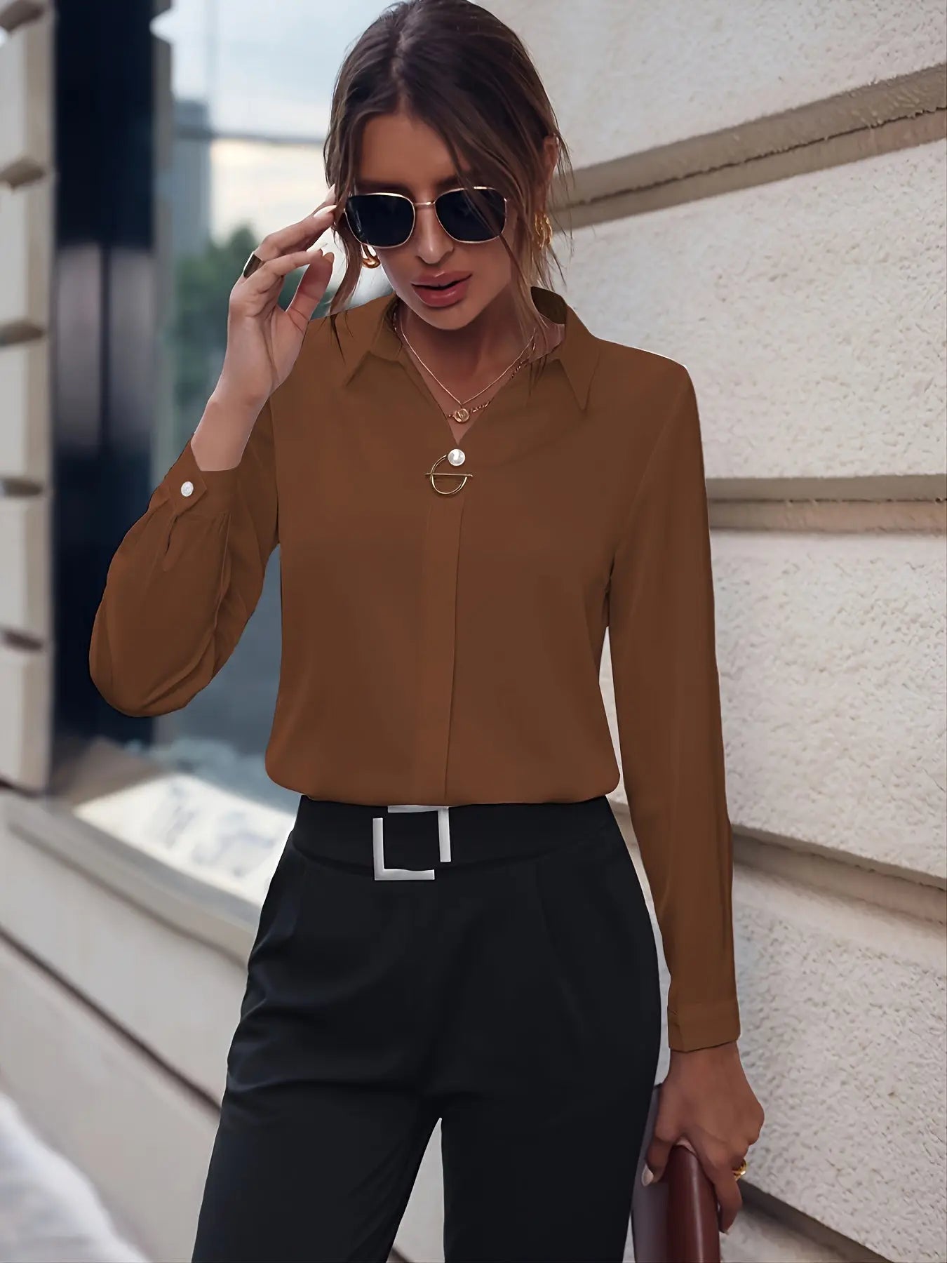 بلوزة أنيقة بأكمام طويلة بأزرار لؤلؤية - تناسب جميع الأوقات Fashint