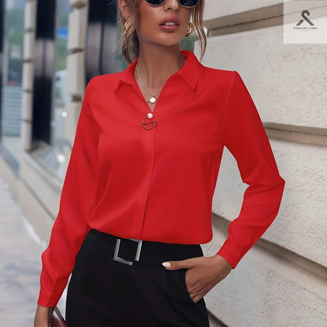 بلوزة أنيقة بأكمام طويلة بأزرار لؤلؤية - تناسب جميع الأوقات Fashint