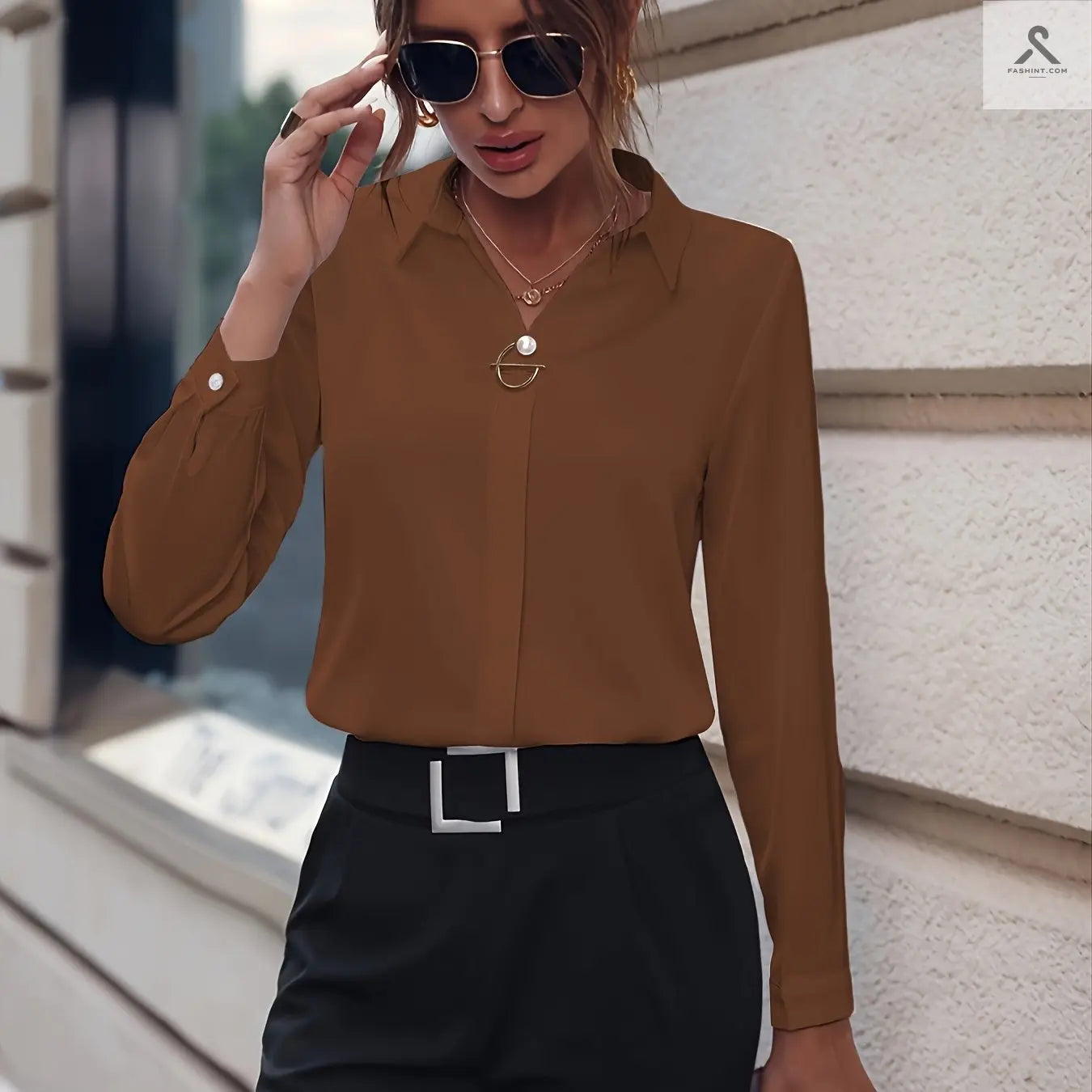 بلوزة أنيقة بأكمام طويلة بأزرار لؤلؤية - تناسب جميع الأوقات Fashint