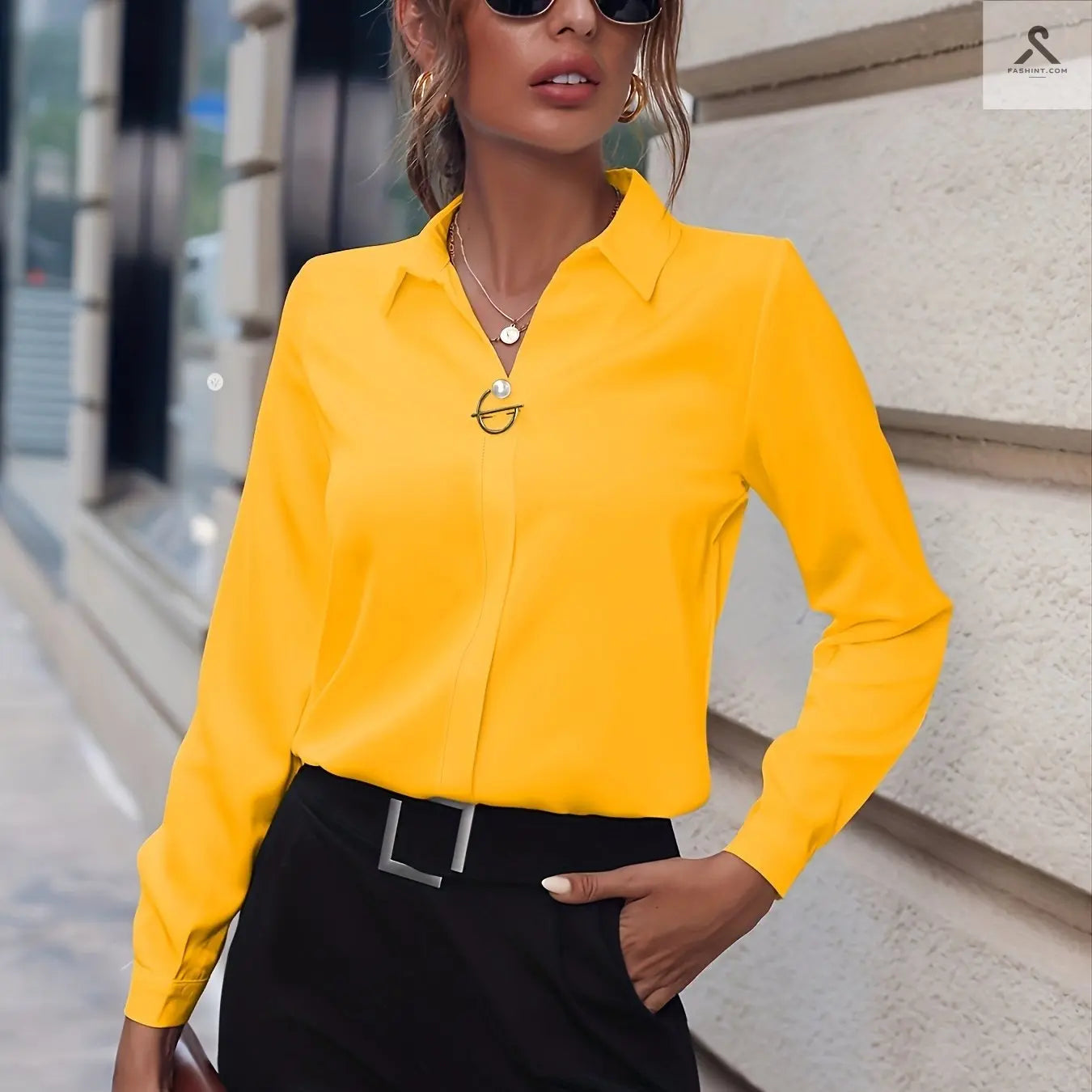 بلوزة أنيقة بأكمام طويلة بأزرار لؤلؤية - تناسب جميع الأوقات Fashint