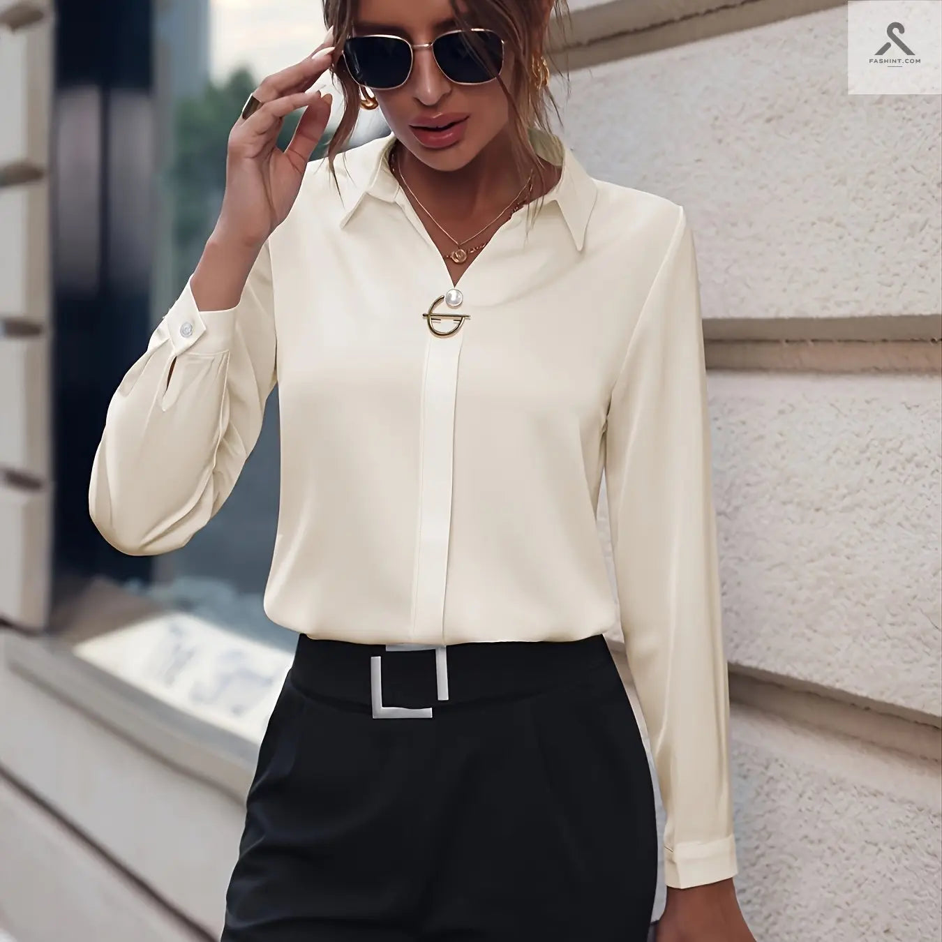 بلوزة أنيقة بأكمام طويلة بأزرار لؤلؤية - تناسب جميع الأوقات Fashint