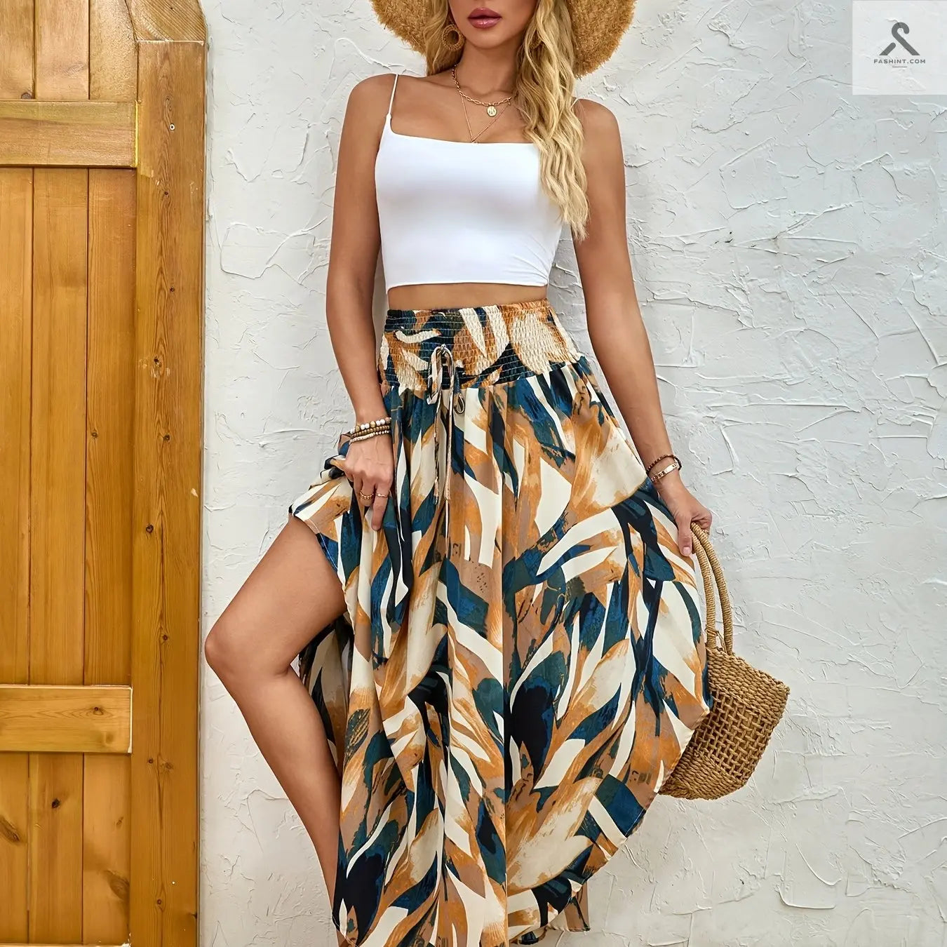 جيبة نسائية بطبعة بايسلي وجوانب مشدودة Fashint