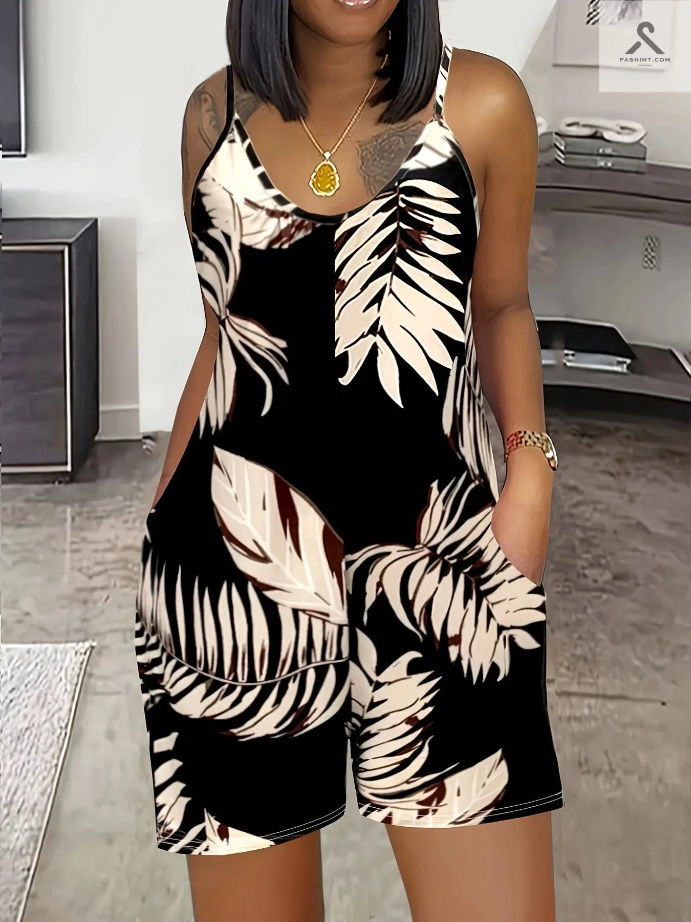 رومبر نسائي بدون أكمام بتصميم استوائي صيفي Fashint