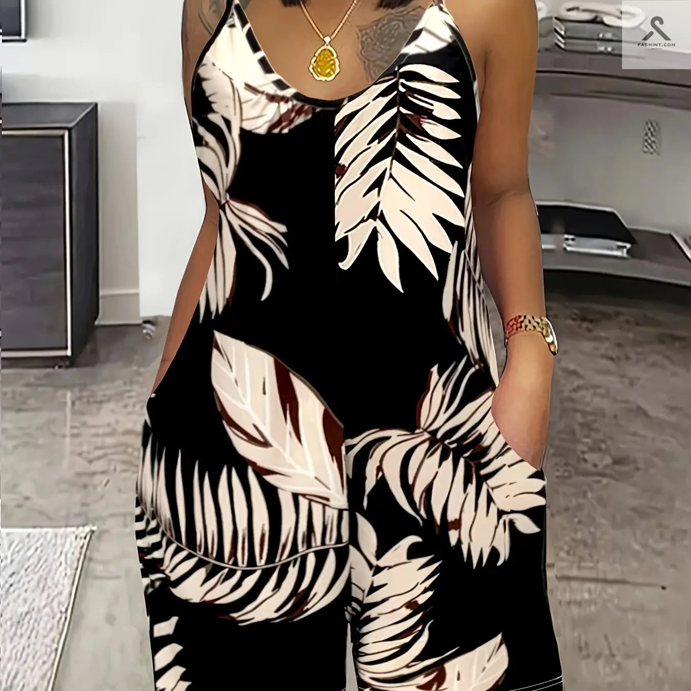 رومبر نسائي بدون أكمام بتصميم استوائي صيفي Fashint
