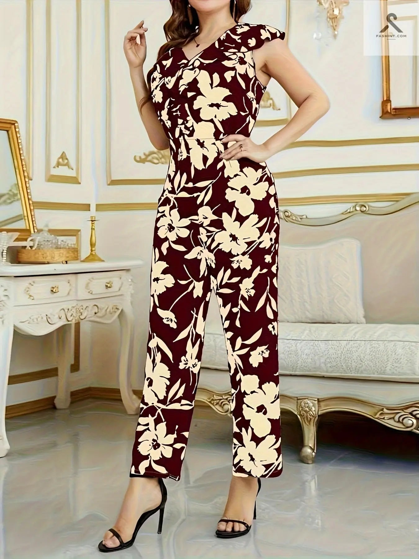 جسم السروال النسائي بطباعة زهور بأكمام منفوشة للأمسيات المشرقة Fashint