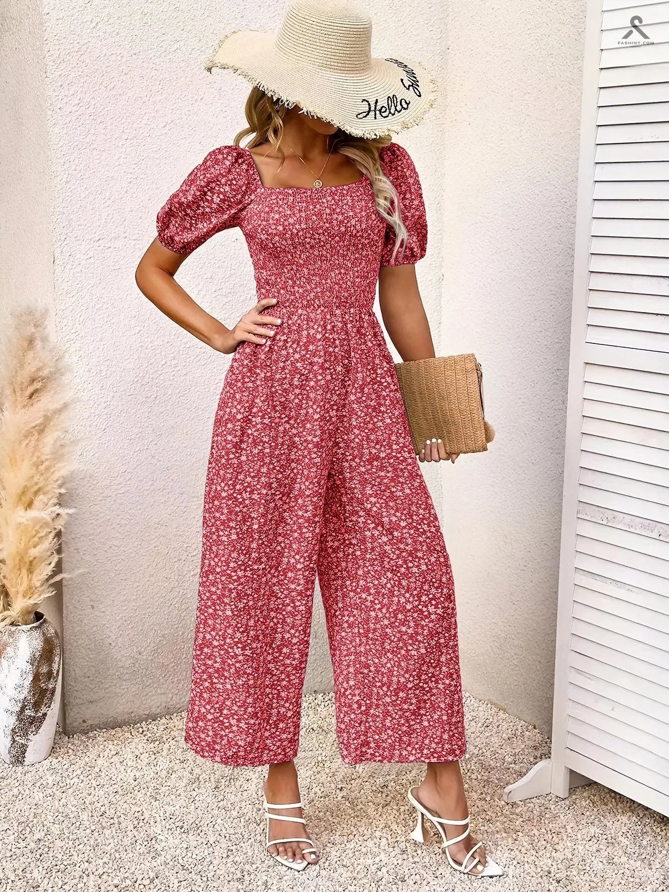 جمبسوت مزين بطباعة زهور وبأكمام منفوخة Fashint