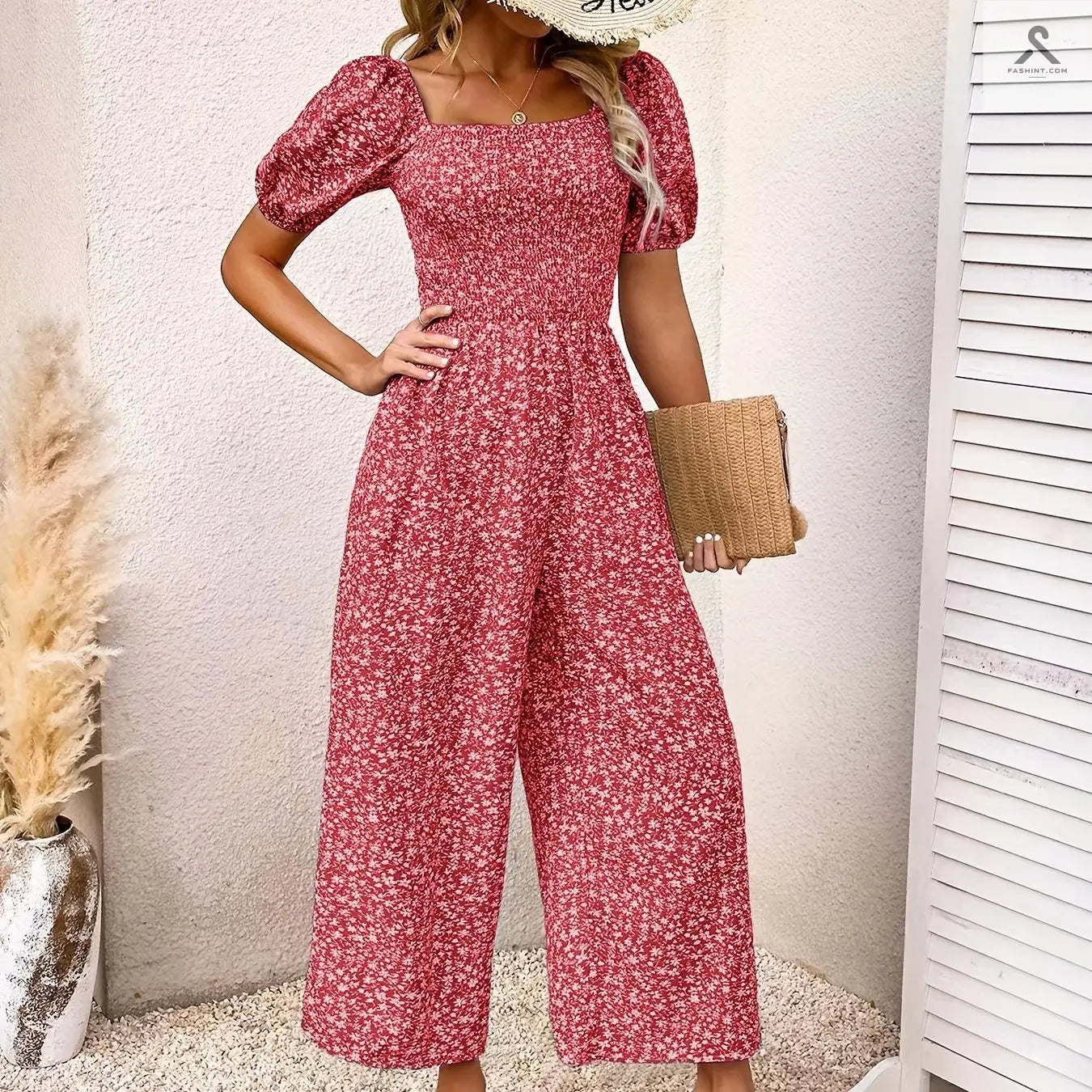 جمبسوت مزين بطباعة زهور وبأكمام منفوخة Fashint