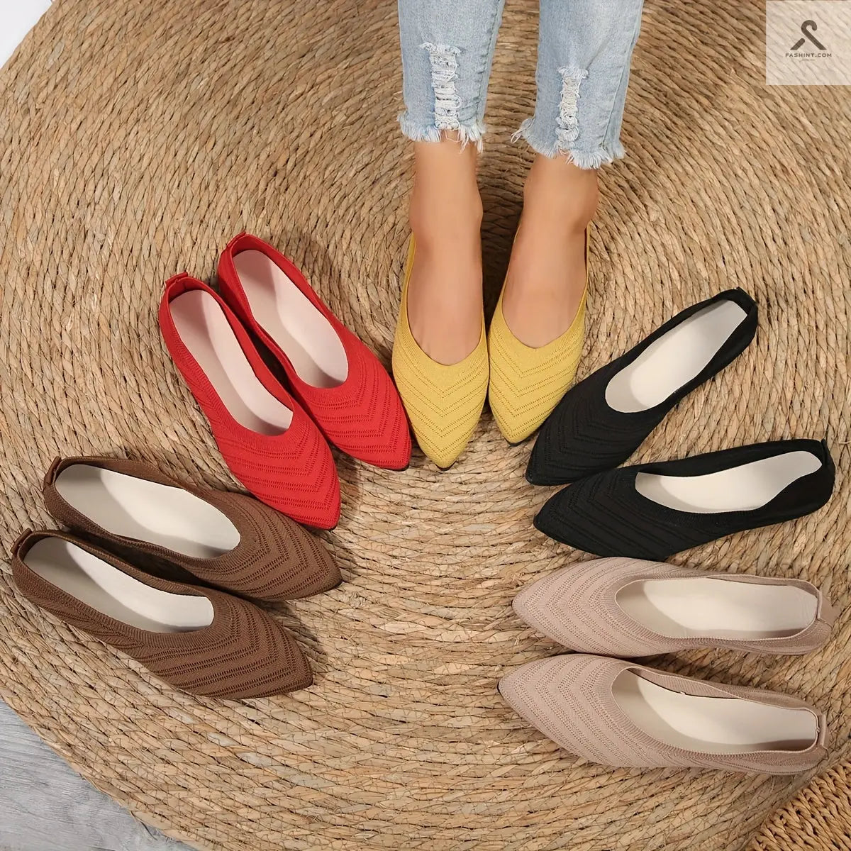 احذية مسطحة بأصابع مدببة للنساء بلون موحد Fashint