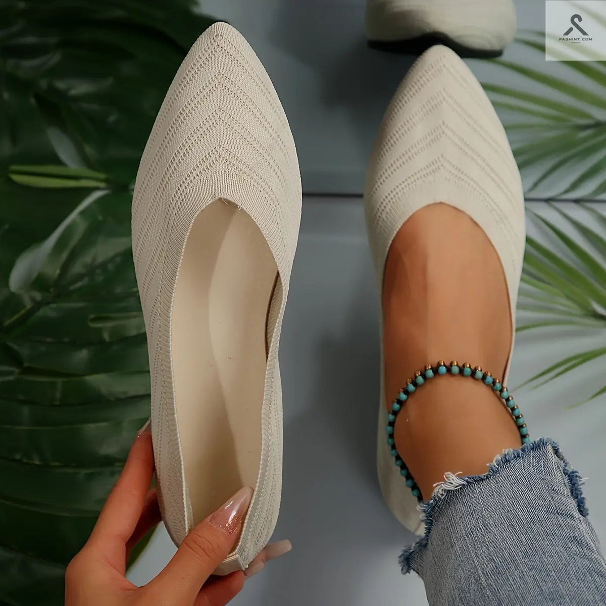 احذية مسطحة بأصابع مدببة للنساء بلون موحد Fashint