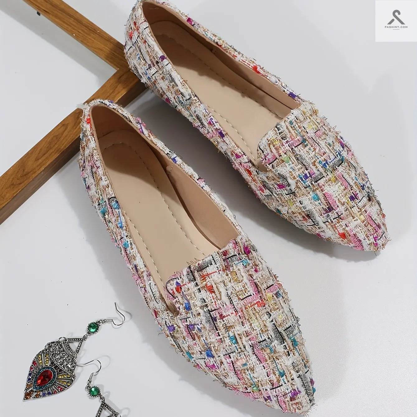أحذية نسائية مزخرفة بنمط مربعات، أحذية أنيقة ذات أصابع مدببة، خفيفة ومريحة Fashint