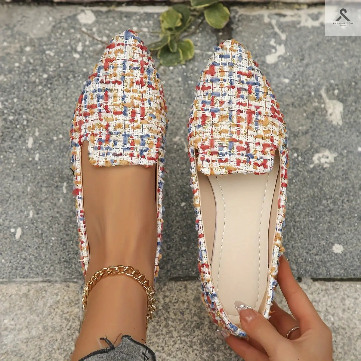 أحذية نسائية مزخرفة بنمط مربعات، أحذية أنيقة ذات أصابع مدببة، خفيفة ومريحة Fashint