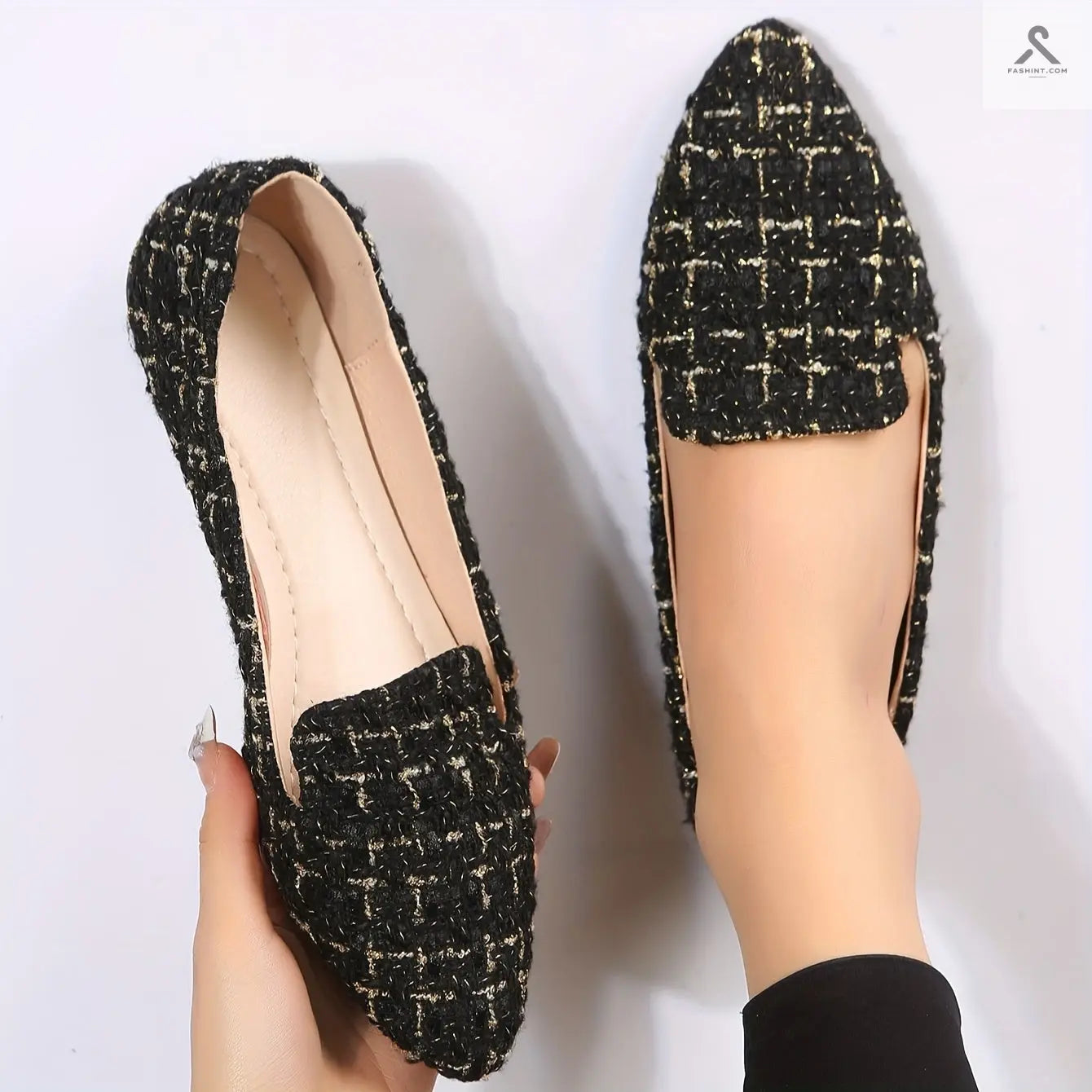 أحذية نسائية مزخرفة بنمط مربعات، أحذية أنيقة ذات أصابع مدببة، خفيفة ومريحة Fashint