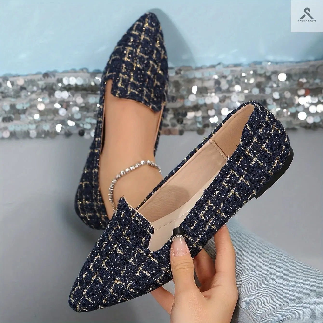 أحذية نسائية مزخرفة بنمط مربعات، أحذية أنيقة ذات أصابع مدببة، خفيفة ومريحة Fashint