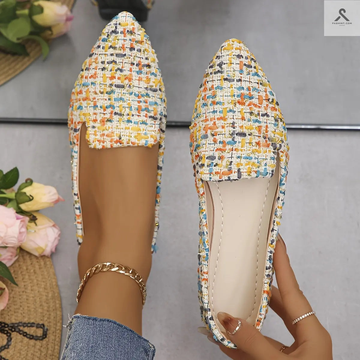 أحذية نسائية مزخرفة بنمط مربعات، أحذية أنيقة ذات أصابع مدببة، خفيفة ومريحة Fashint