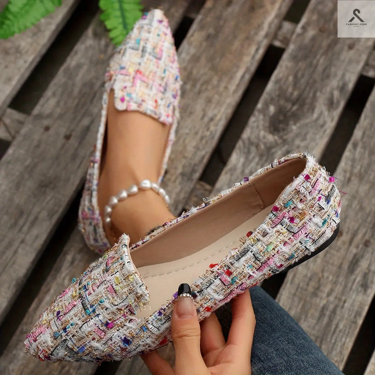 أحذية نسائية مزخرفة بنمط مربعات، أحذية أنيقة ذات أصابع مدببة، خفيفة ومريحة Fashint