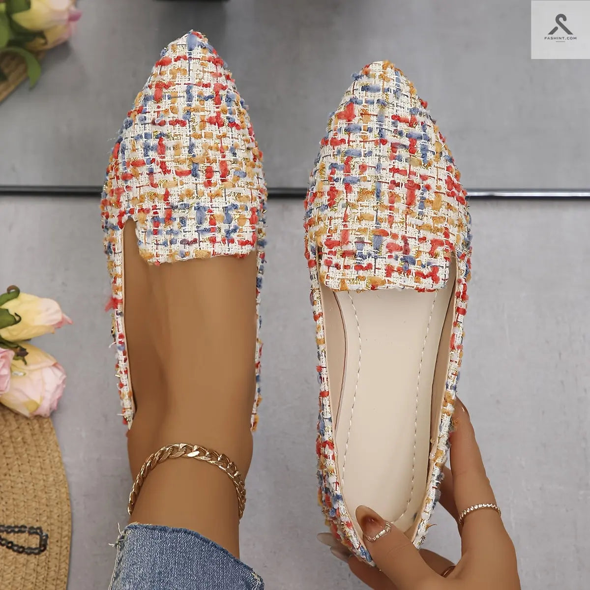 أحذية نسائية مزخرفة بنمط مربعات، أحذية أنيقة ذات أصابع مدببة، خفيفة ومريحة Fashint