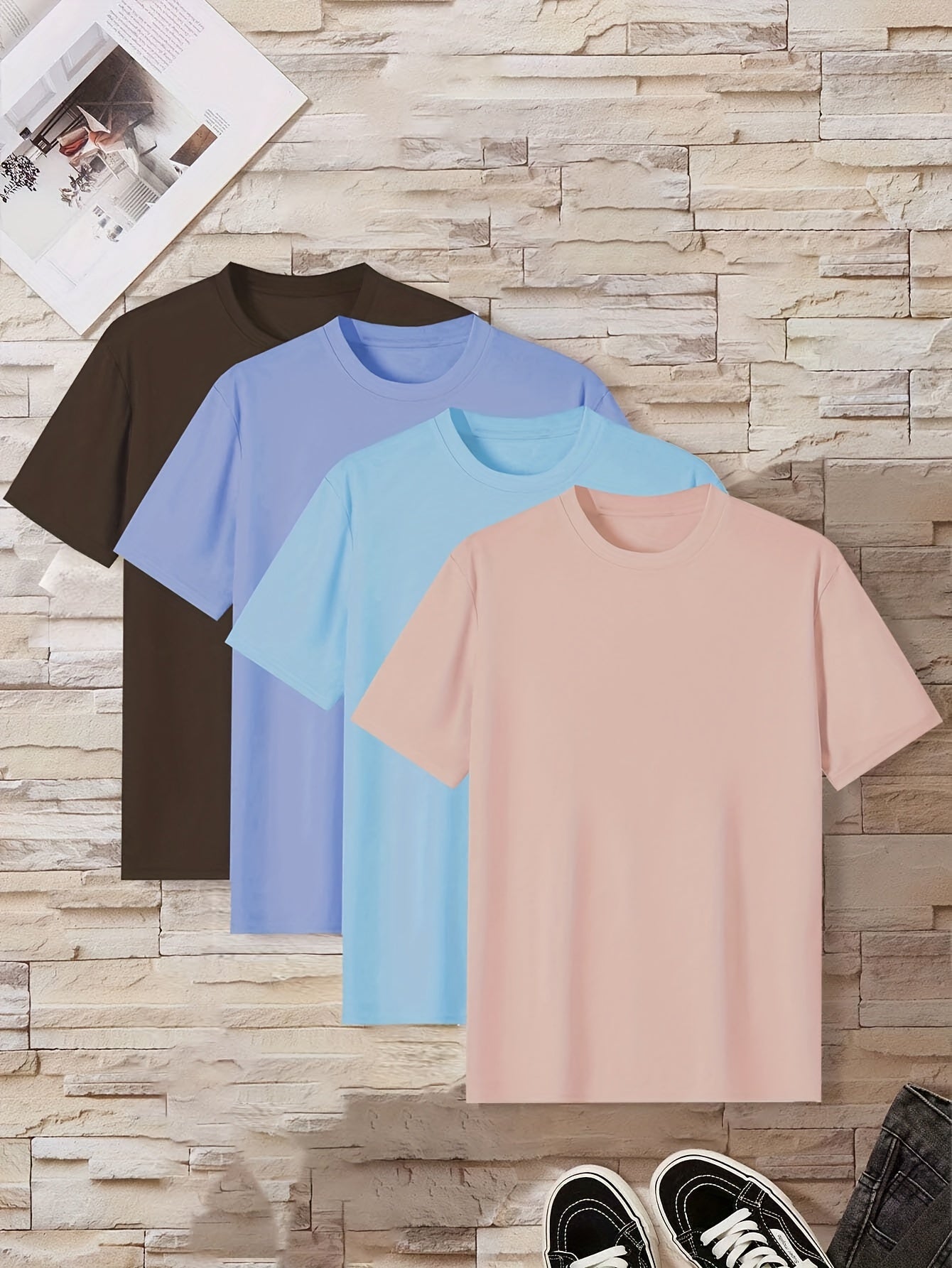 طقم تي شيرتات رجالية مريحة بألوان صلبة مكون من 4 قطع Fashint