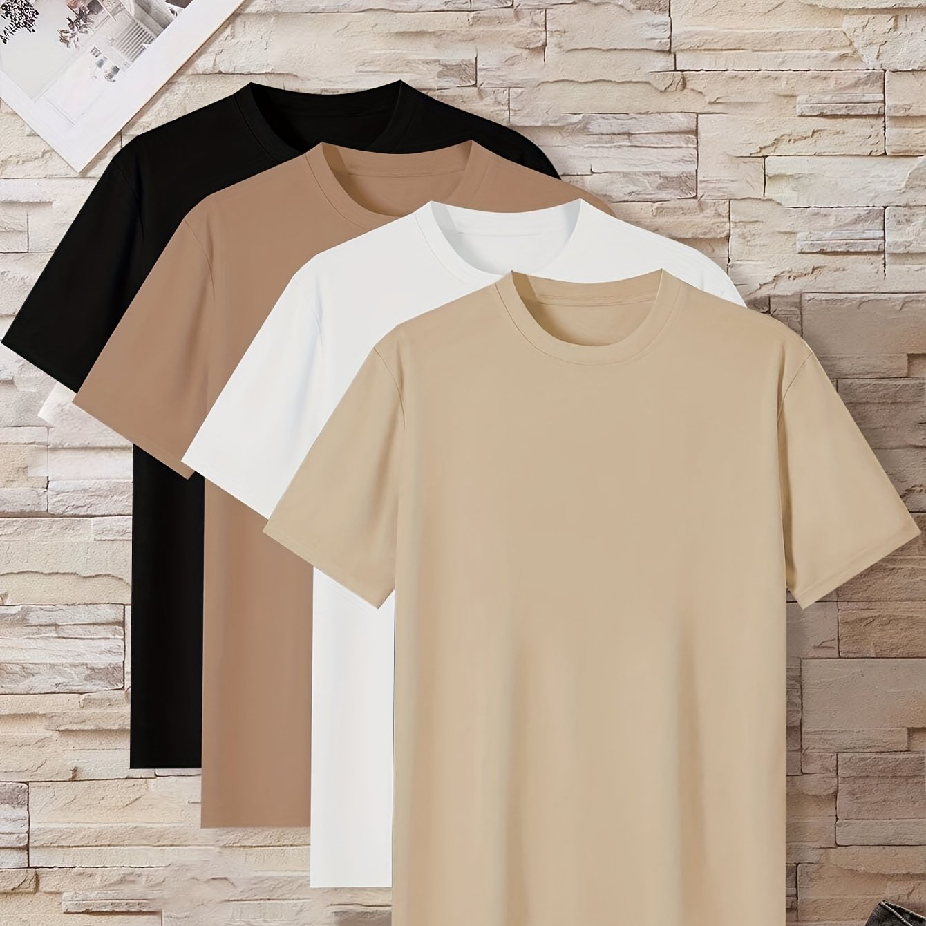 طقم تي شيرتات رجالية مريحة بألوان صلبة مكون من 4 قطع Fashint