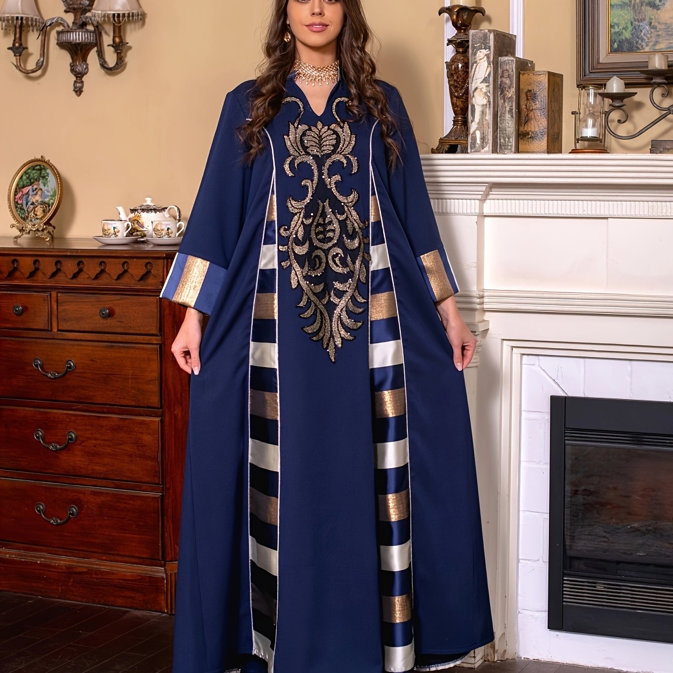 فستان كفتان طويل بأكمام طويلة مزخرف بنقوش زهور بحرية نابضة Fashint