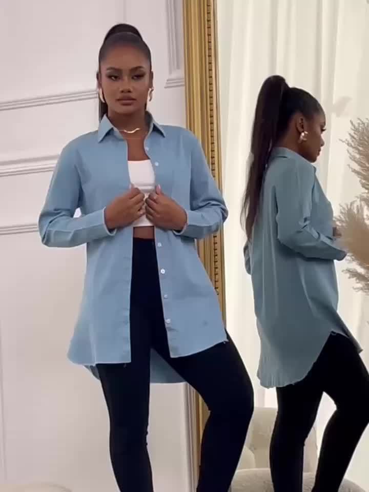 قميص جينز نسائي بأكمام طويلة تصميم عصري Fashint