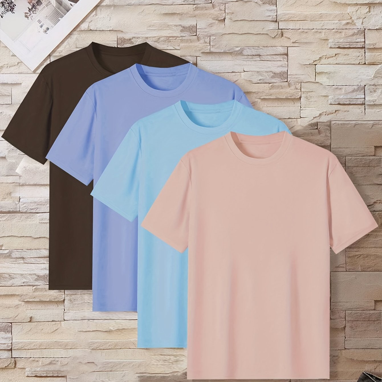 طقم تي شيرتات رجالية مريحة بألوان صلبة مكون من 4 قطع Fashint