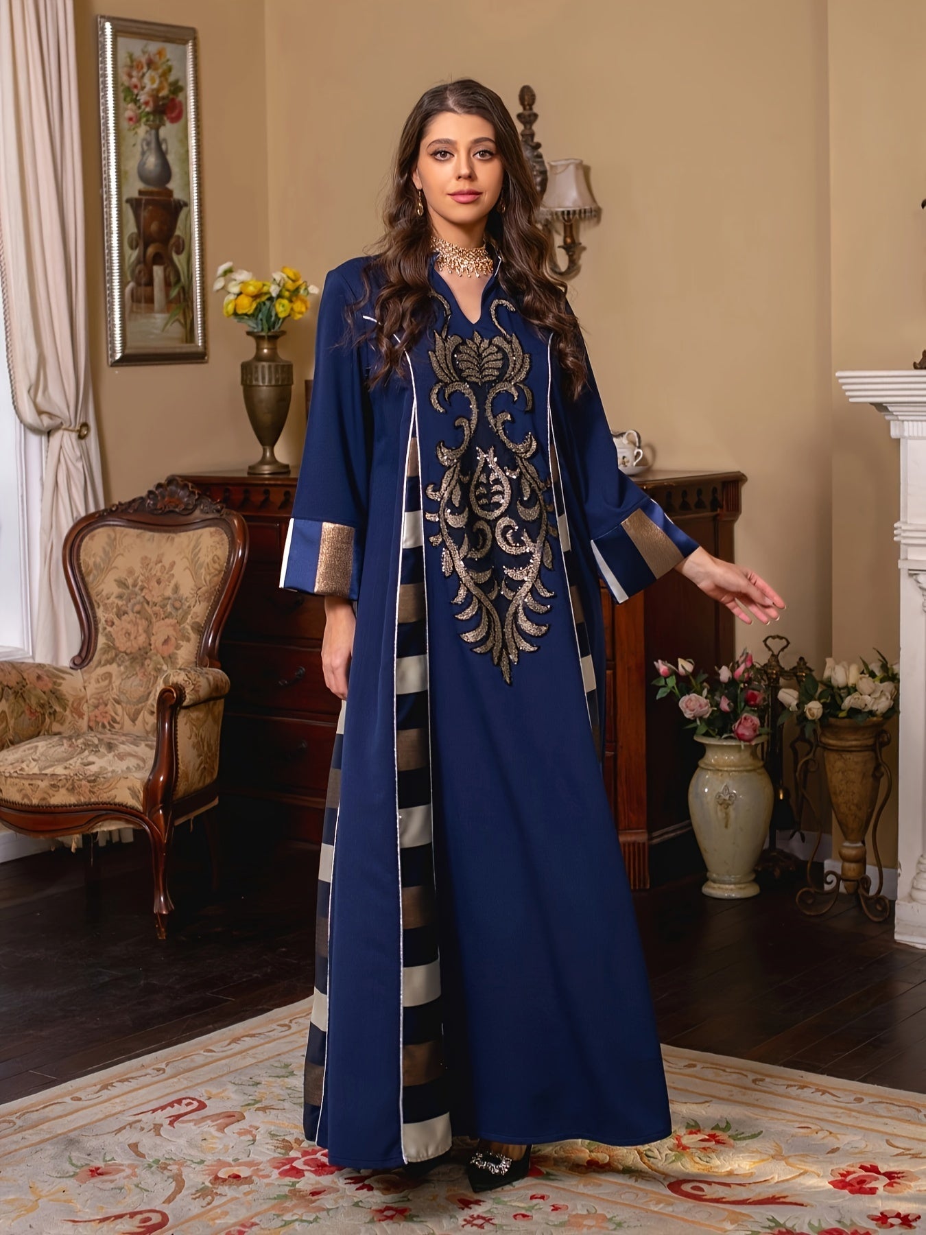 فستان كفتان طويل بأكمام طويلة مزخرف بنقوش زهور بحرية نابضة Fashint
