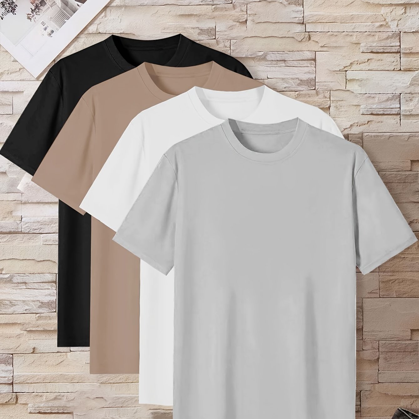 طقم تي شيرتات رجالية مريحة بألوان صلبة مكون من 4 قطع Fashint
