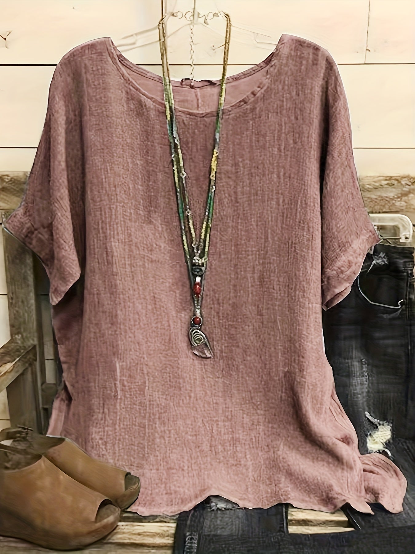 بلوزة نسائية قصيرة الأكمام بأحجام كبيرة باللون الوردي - مثالية لموسم الربيع والصيف والخريف Fashint