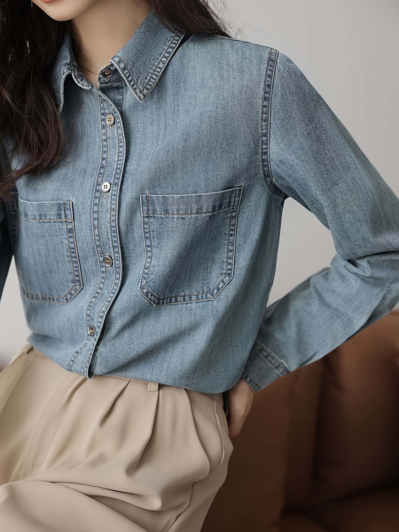 قمصان ديميم زرقاء نسائية بأكمام طويلة Fashint