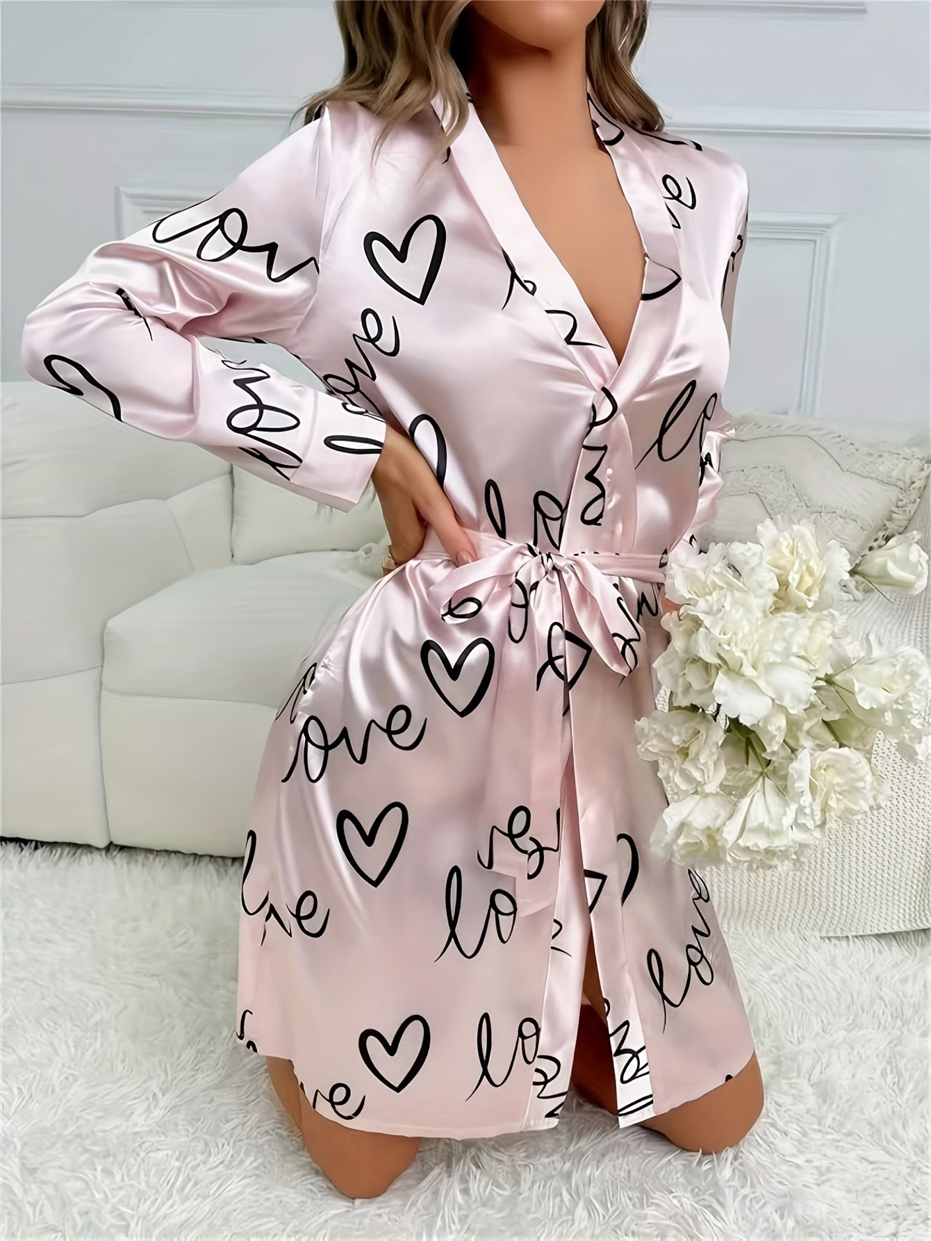 رداء نسائي من ساتان مزخرف بقلوب - فستان نوم بأكمام طويلة وخصر قابل للتعديل Fashint