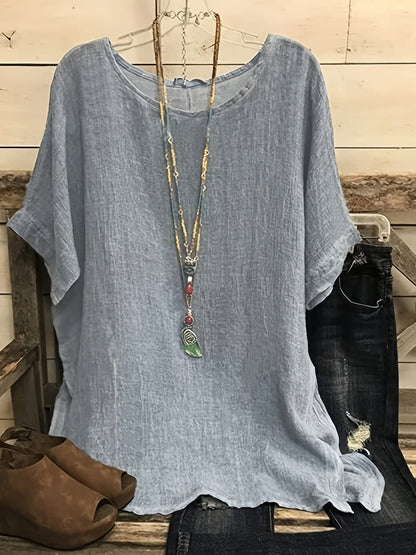 بلوزة نسائية قصيرة الأكمام بأحجام كبيرة باللون الوردي - مثالية لموسم الربيع والصيف والخريف Fashint