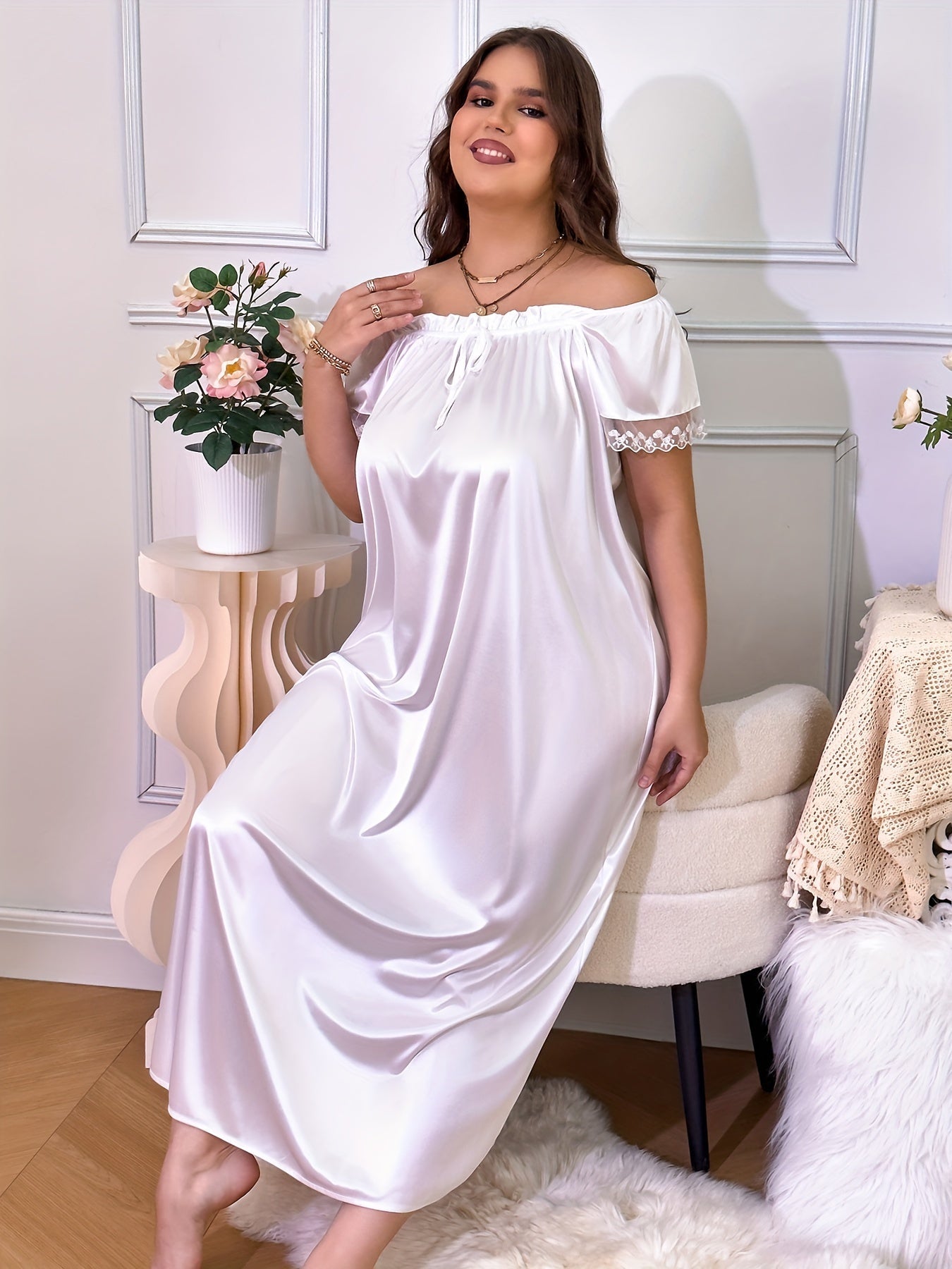 فستان نوم ساتان أحمر أنيق للنساء - فستان طويل جذاب بتفاصيل الدانتيل Fashint