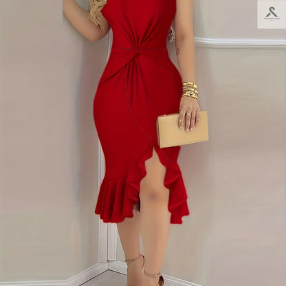 فستان رقيق بتصميم غير متماثل بأكتاف مكورة Fashint
