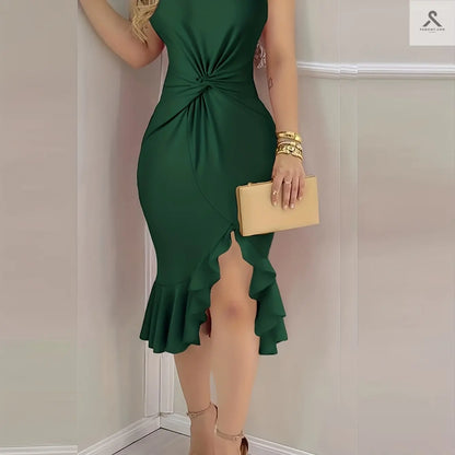 فستان رقيق بتصميم غير متماثل بأكتاف مكورة Fashint
