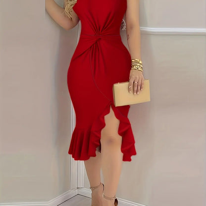 فستان رقيق بتصميم غير متماثل بأكتاف مكورة Fashint