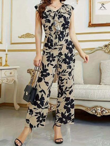 جسم السروال النسائي بطباعة زهور بأكمام منفوشة للأمسيات المشرقة Fashint