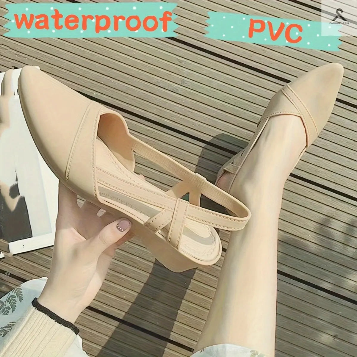 أحذية نسائية بيج أنيقة من PVC - مقاومة للماء، مقاومة للزلق، مع نعل سميك مريح، كعب متوسط الارتفاع - أحذية موضة متعددة الاستخدامات لجميع الفصول Fashint