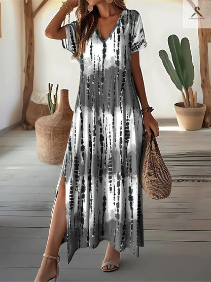 فستان V-neck ملون بألوان صيفية مع أكمام قصيرة أنيقة Fashint